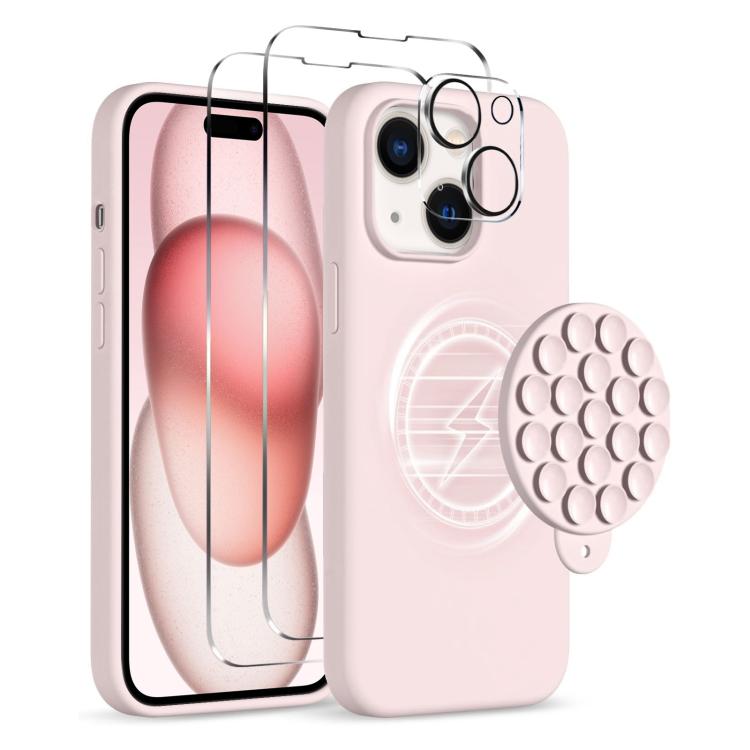 

For iPhone 15 Silicone Suction Cup MagSafe Phone Case with Screen Film(Pink)