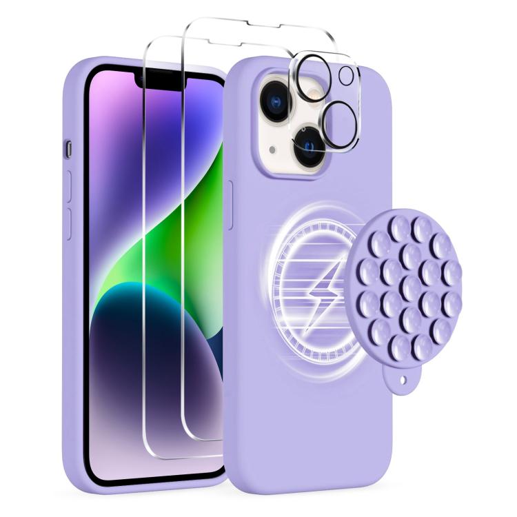 

For iPhone 14 Plus Silicone Suction Cup MagSafe Phone Case with Screen Film(Purple)