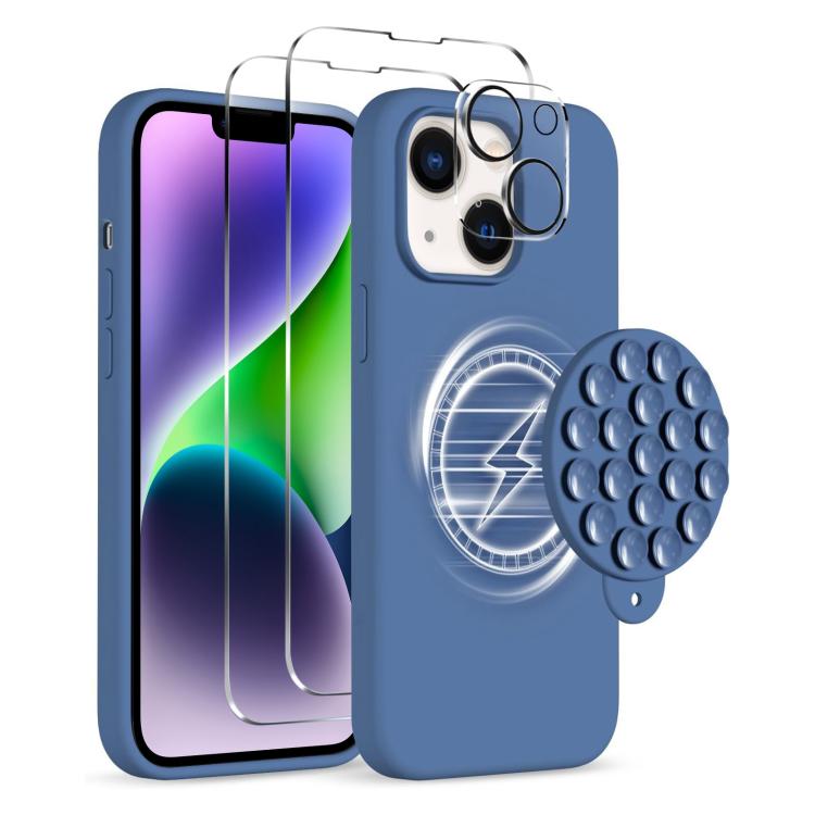 

For iPhone 14 Plus Silicone Suction Cup MagSafe Phone Case with Screen Film & Lens Film(Dark Blue)