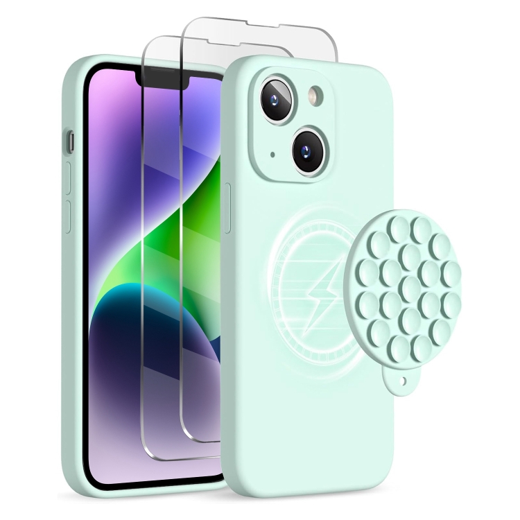

For iPhone 14 Silicone Suction Cup MagSafe Phone Case with Screen Film(Mint Green)