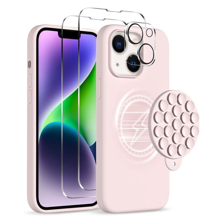 

For iPhone 14 Silicone Suction Cup MagSafe Phone Case with Screen Film(Pink)