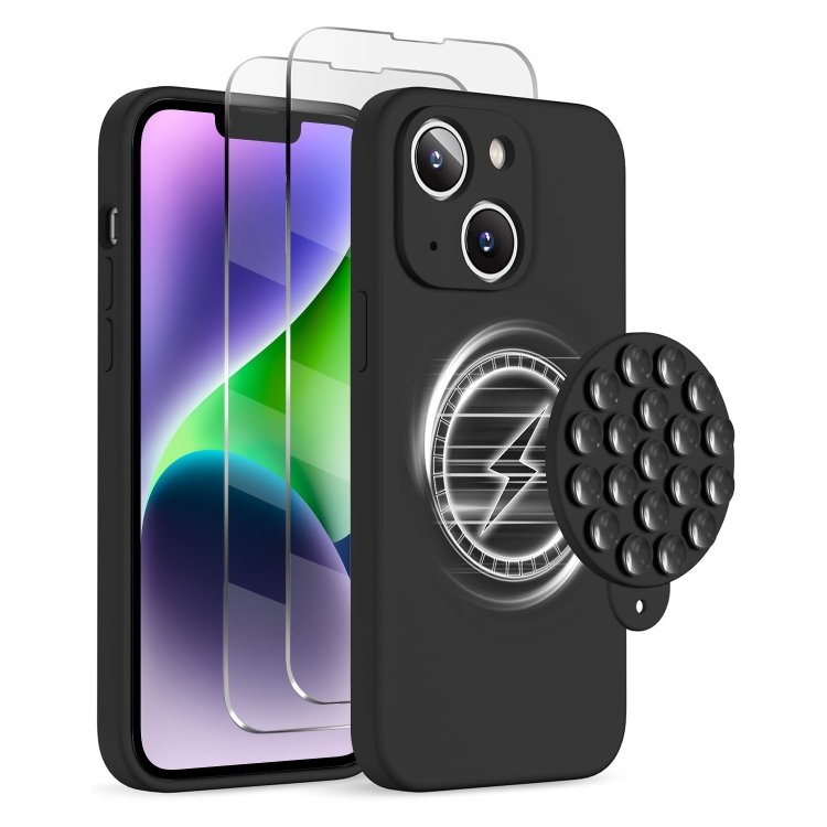 

For iPhone 14 Silicone Suction Cup MagSafe Phone Case with Screen Film(Black)