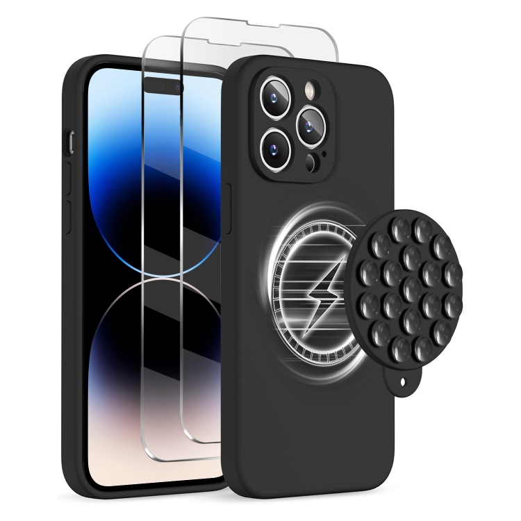 

For iPhone 14 Pro Silicone Suction Cup MagSafe Phone Case with Screen Film(Black)