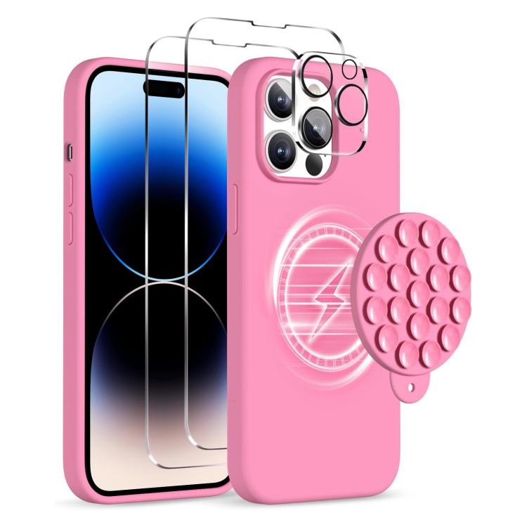

For iPhone 14 Pro Silicone Suction Cup MagSafe Phone Case with Screen Film(Soft Pink)