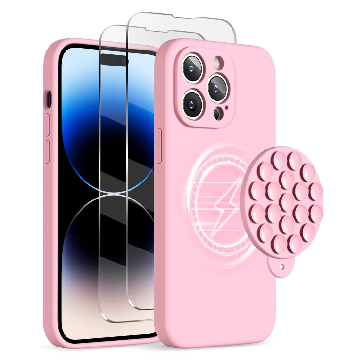 

For iPhone 14 Pro Max Silicone Suction Cup MagSafe Phone Case with Screen Film(Pink)