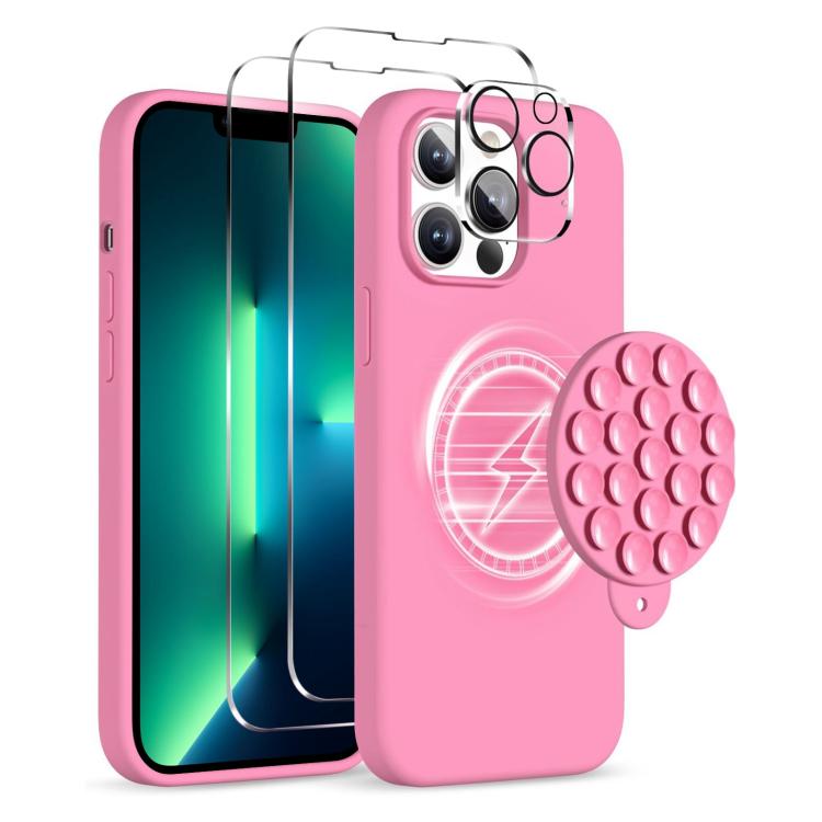 

For iPhone 13 Pro Max Silicone Suction Cup MagSafe Phone Case with Screen Film(Soft Pink)