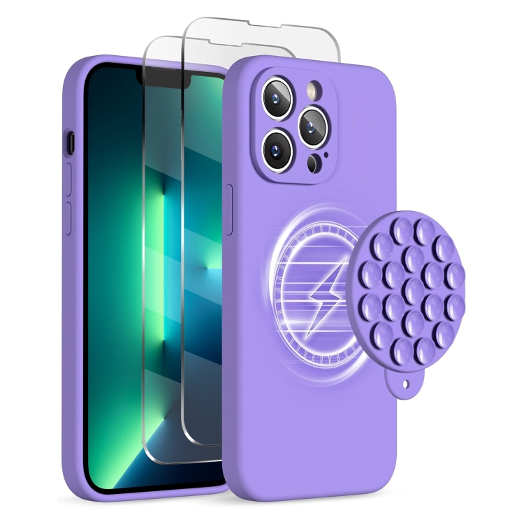 

For iPhone 13 Pro Max Silicone Suction Cup MagSafe Phone Case with Screen Film(Purple)