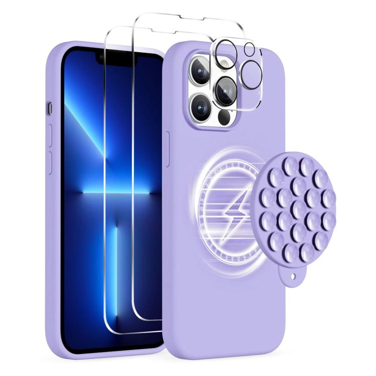 

For iPhone 13 Pro Silicone Suction Cup MagSafe Phone Case with Screen Film(Purple)