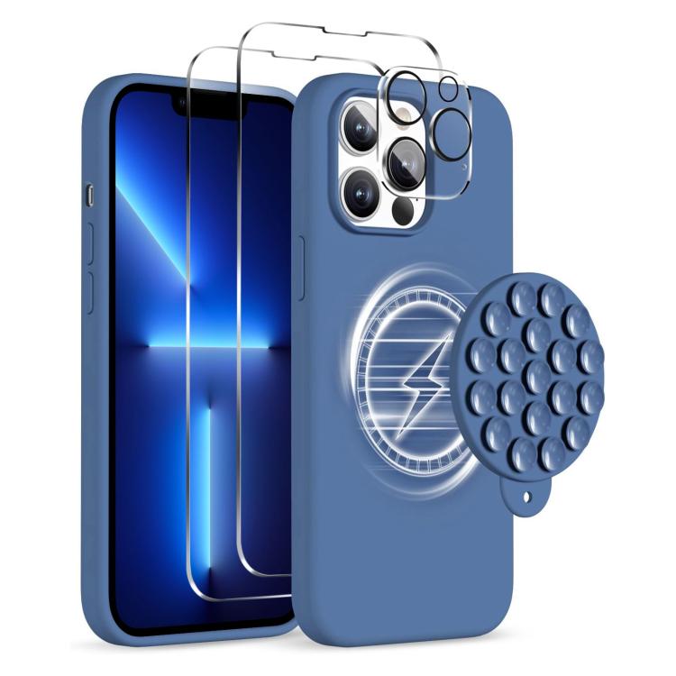 

For iPhone 13 Pro Silicone Suction Cup MagSafe Phone Case with Screen Film & Lens Film(Dark Blue)