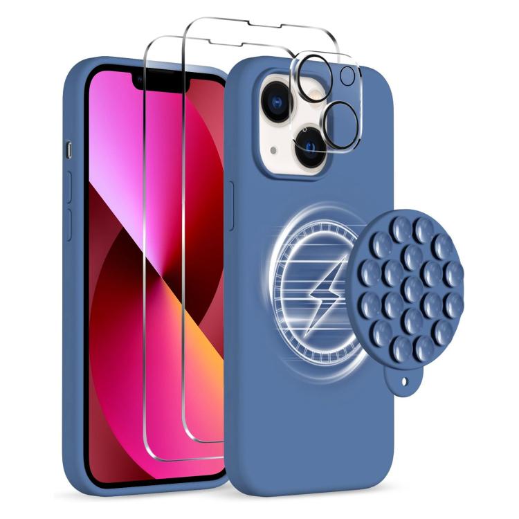 

For iPhone 13 Silicone Suction Cup MagSafe Phone Case with Screen Film & Lens Film(Dark Blue)