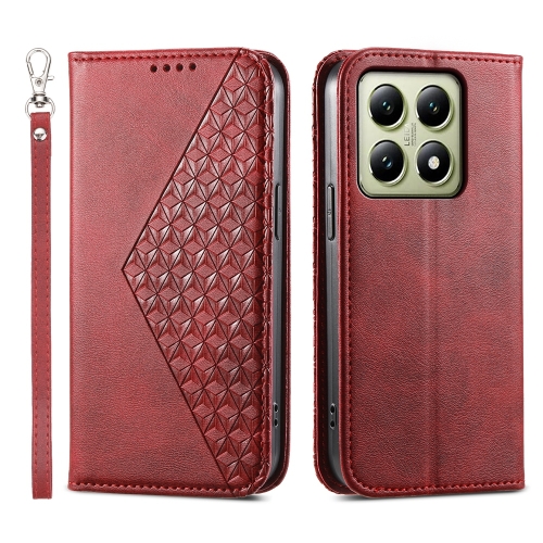 

For Xiaomi 14T Cubic Grid Calf Texture Magnetic Leather Phone Case(Red)