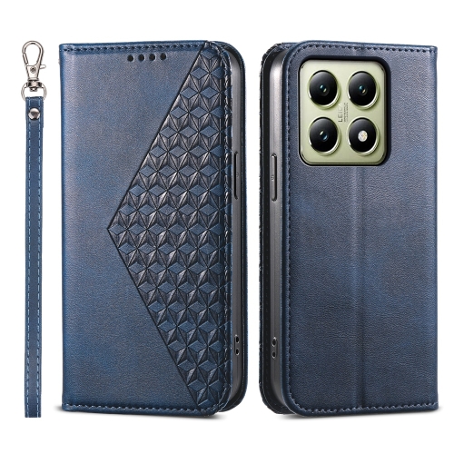 

For Xiaomi 14T Cubic Grid Calf Texture Magnetic Leather Phone Case(Blue)