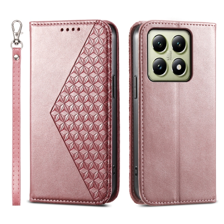 

For Xiaomi 14T Cubic Grid Calf Texture Magnetic Leather Phone Case(Rose Gold)