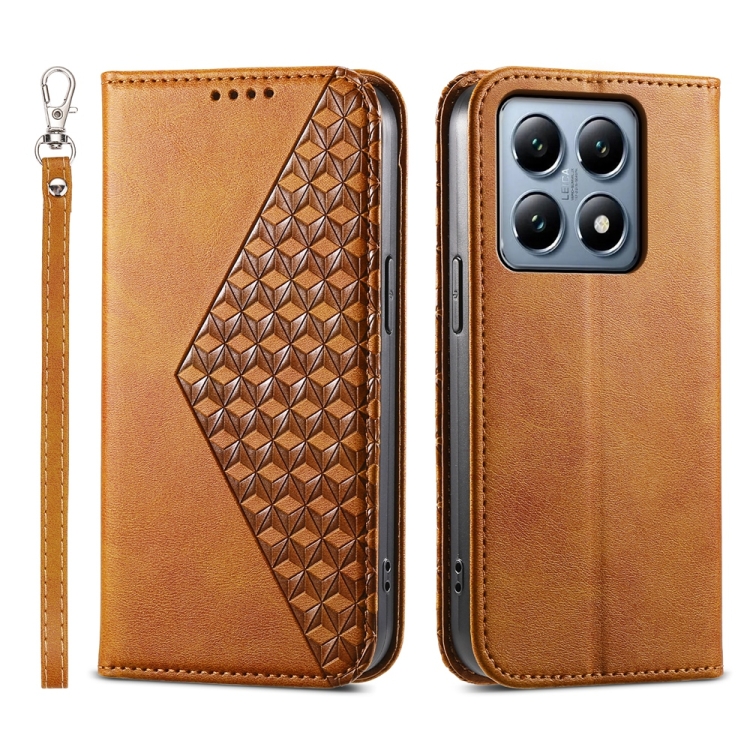 

For Xiaomi 14T Pro Cubic Grid Calf Texture Magnetic Leather Phone Case(Yellow)