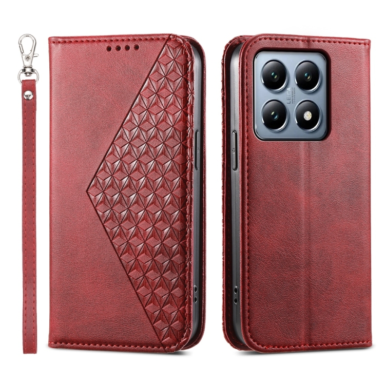 

For Xiaomi 14T Pro Cubic Grid Calf Texture Magnetic Leather Phone Case(Red)