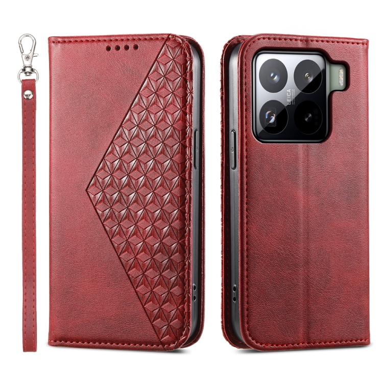 

For Xiaomi 15 Pro Cubic Grid Calf Texture Magnetic Leather Phone Case(Red)