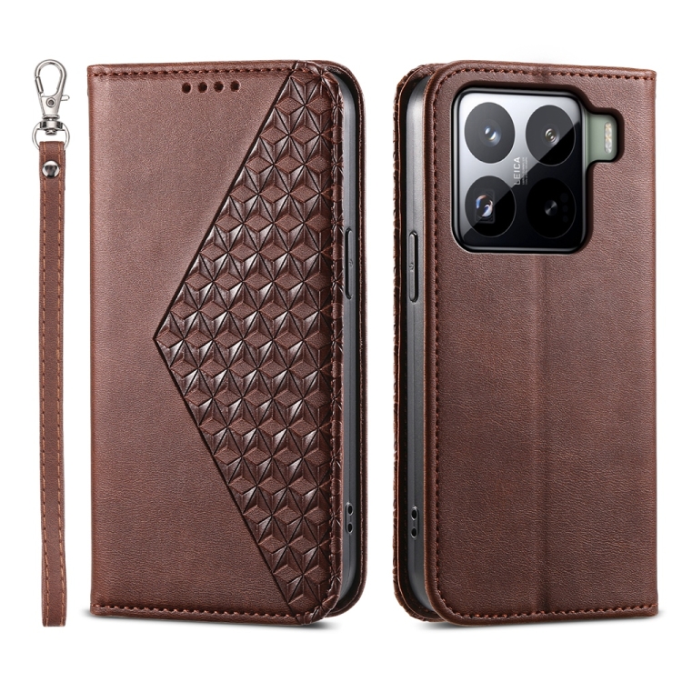 

For Xiaomi 15 Pro Cubic Grid Calf Texture Magnetic Leather Phone Case(Brown)