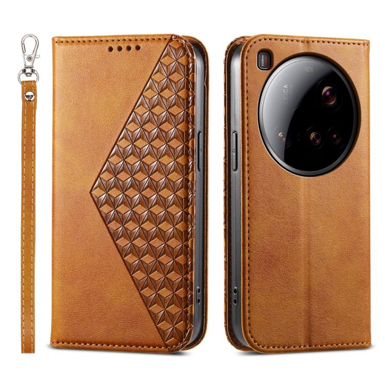 

For Xiaomi 15 Ultra Cubic Grid Calf Texture Magnetic Leather Phone Case(Yellow)