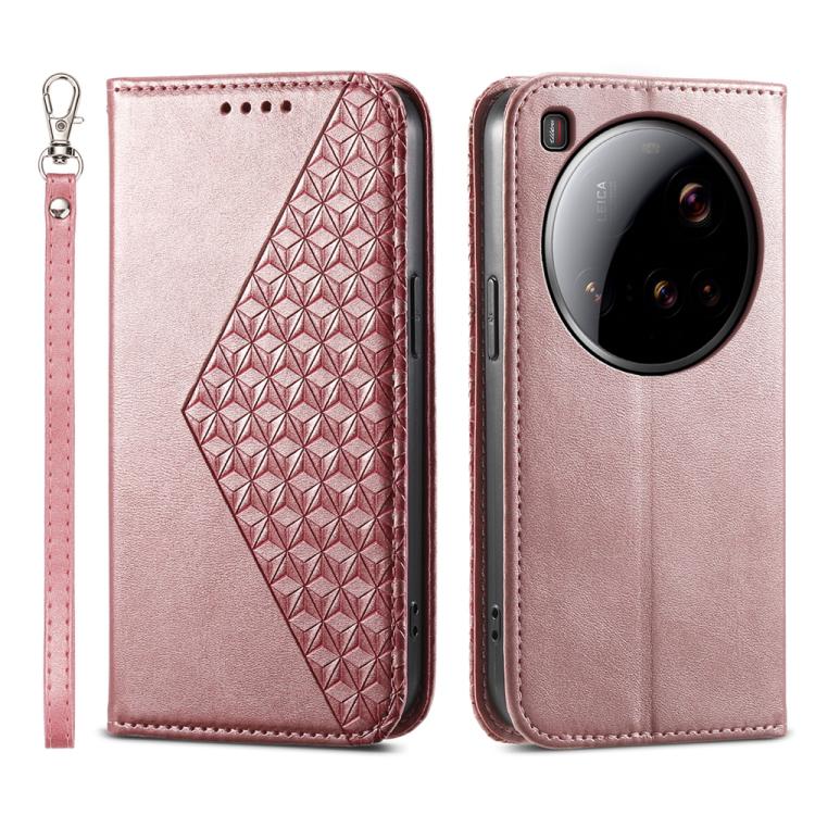 

For Xiaomi 15 Ultra Cubic Grid Calf Texture Magnetic Leather Phone Case(Rose Gold)