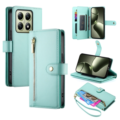 

For Xiaomi 14T Nine Card-slot Zipper Wallet Bag Leather Phone Case(Mint Green)