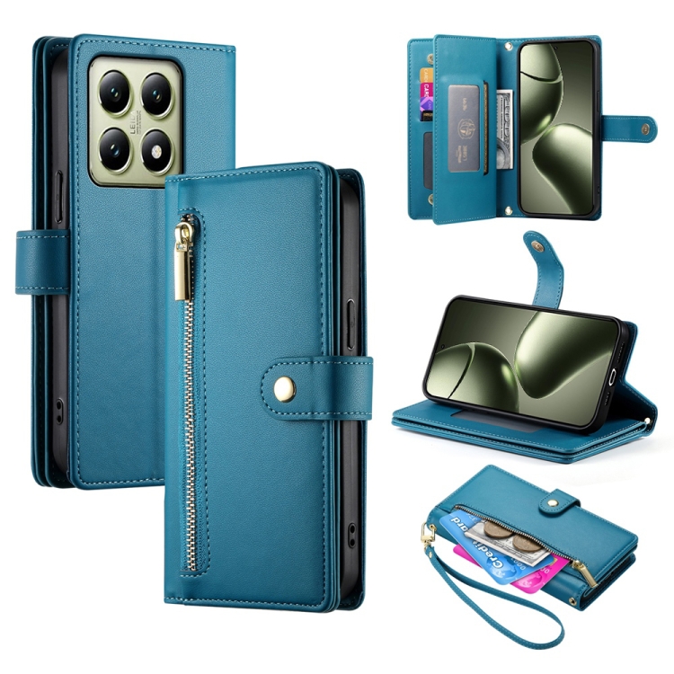 

For Xiaomi 14T Nine Card-slot Zipper Wallet Bag Leather Phone Case(Blue)