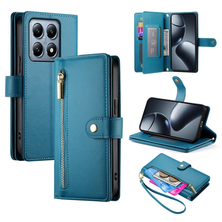 

For Xiaomi 14T Pro Nine Card-slot Zipper Wallet Bag Leather Phone Case(Blue)