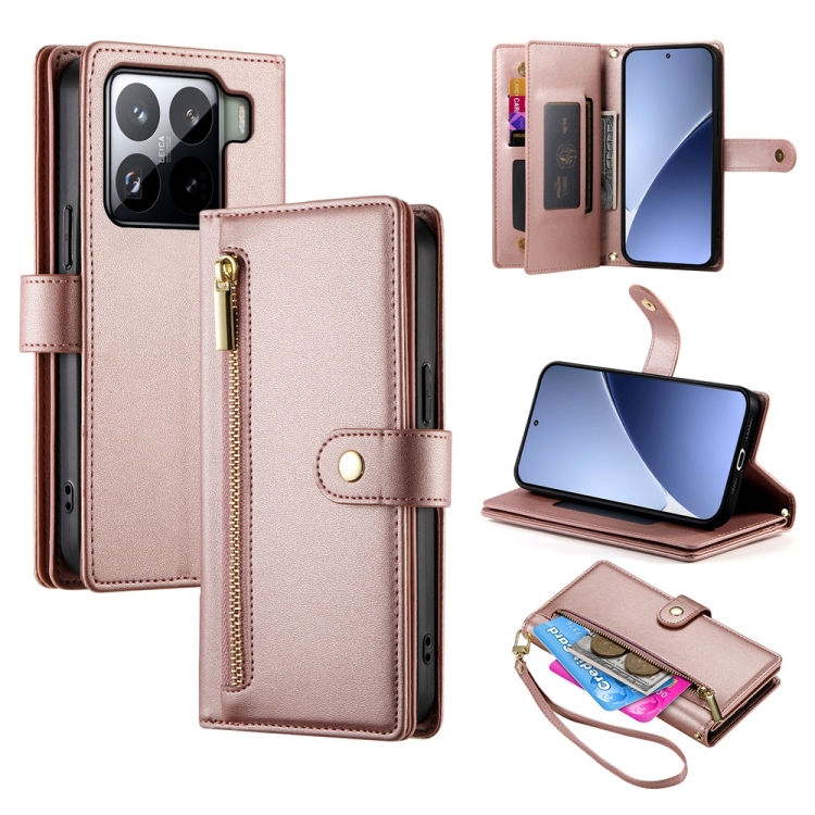 

For Xiaomi 15 Nine Card-slot Zipper Wallet Bag Leather Phone Case(Pink)