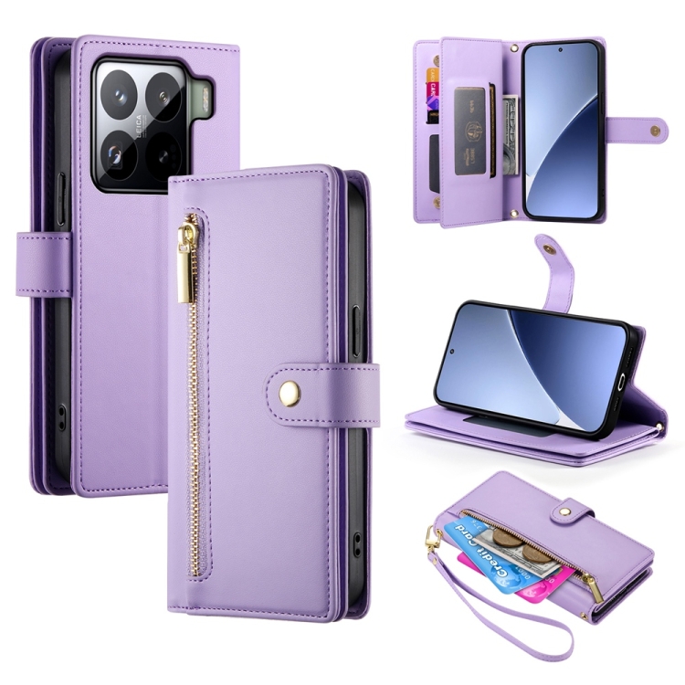 

For Xiaomi 15 Nine Card-slot Zipper Wallet Bag Leather Phone Case(Purple)