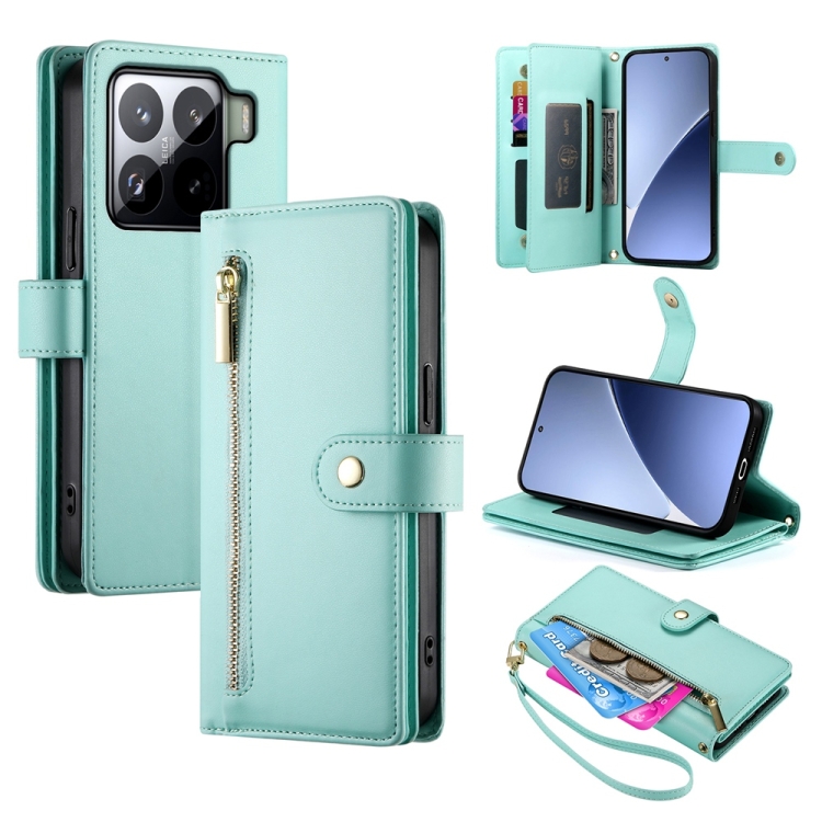 

For Xiaomi 15 Pro Nine Card-slot Zipper Wallet Bag Leather Phone Case(Mint Green)