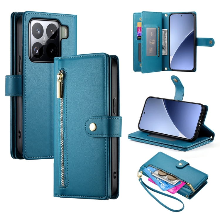 

For Xiaomi 15 Pro Nine Card-slot Zipper Wallet Bag Leather Phone Case(Blue)