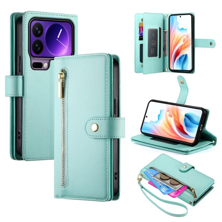 

For Xiaomi 17 Pro Nine Card-slot Zipper Wallet Bag Leather Phone Case(Mint Green)