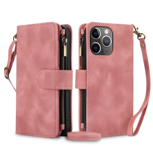 

For iPhone 11 Pro Max Dream 9-Card Zipper Wallet RFID Leather Phone Case with Lanyard(Rose Gold)