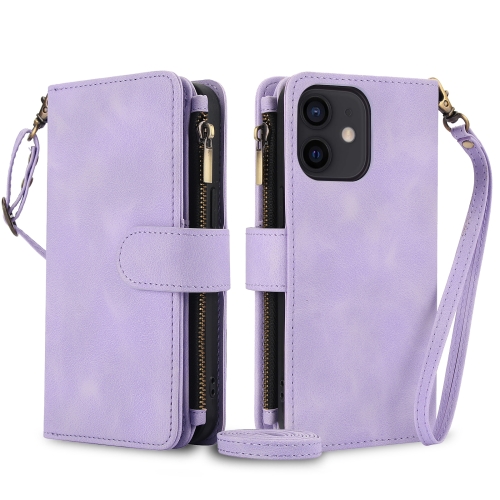 

For iPhone 12 Dream 9-Card Zipper Wallet RFID Leather Phone Case with Lanyard(Purple)