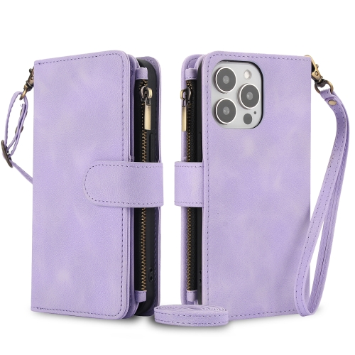 

For iPhone 13 Pro Max Dream 9-Card Zipper Wallet RFID Leather Phone Case with Lanyard(Purple)