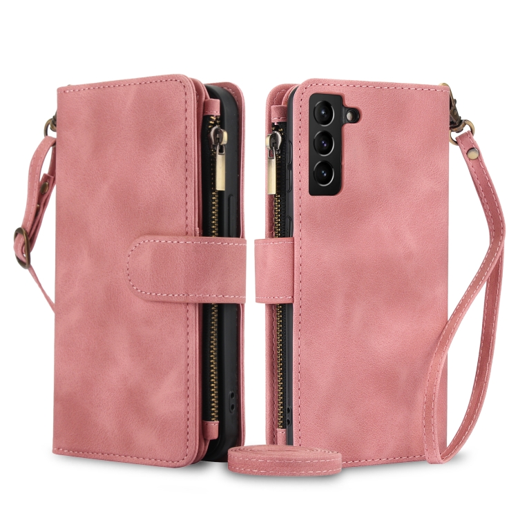 

For Samsung Galaxy S21+ 5G Dream 9-Card Zipper Wallet RFID Leather Phone Case with Lanyard(Rose Gold)