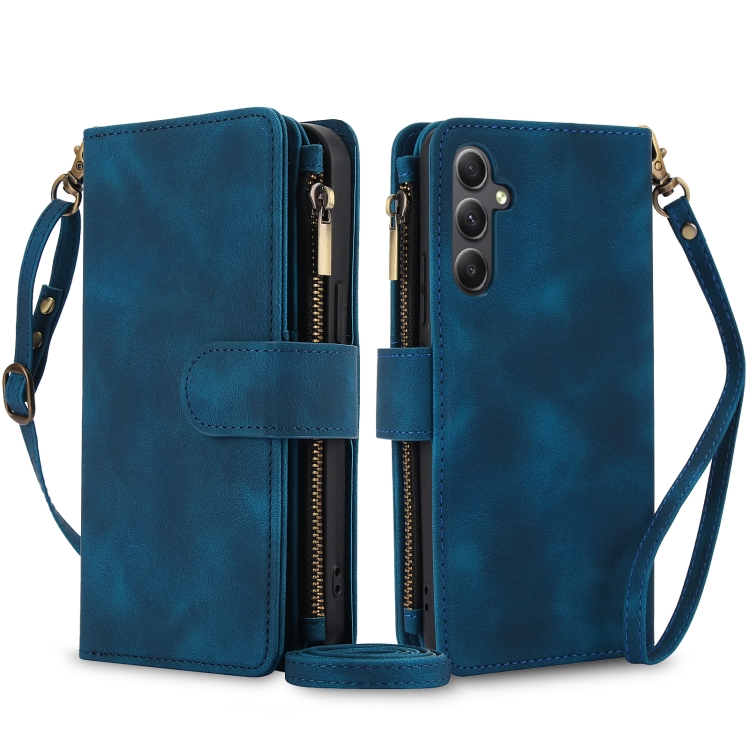 

For Samsung Galaxy S24 5G Dream 9-Card Zipper Wallet RFID Leather Phone Case with Lanyard(Blue)