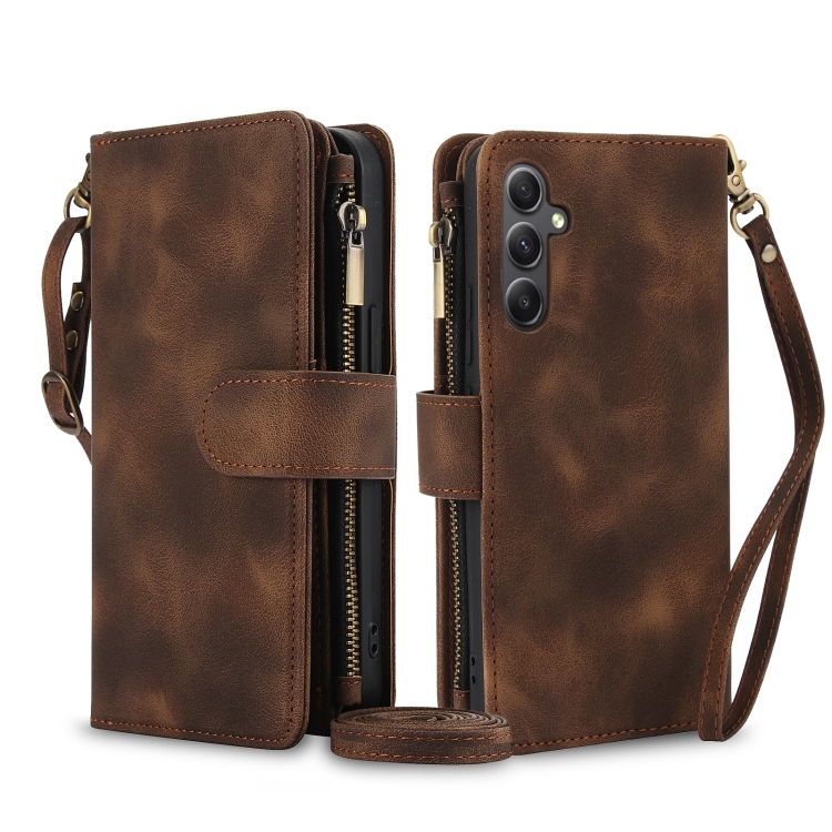 

For Samsung Galaxy S24+ 5G Dream 9-Card Zipper Wallet RFID Leather Phone Case with Lanyard(Brown)