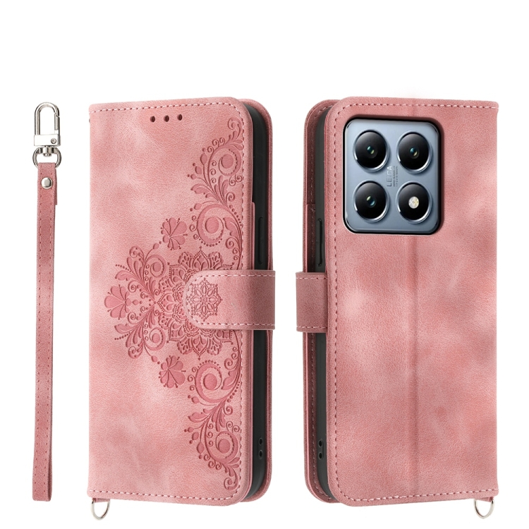 

For Xiaomi 14T Pro Skin Feel Flowers Embossed Wallet Leather Phone Case(Pink)