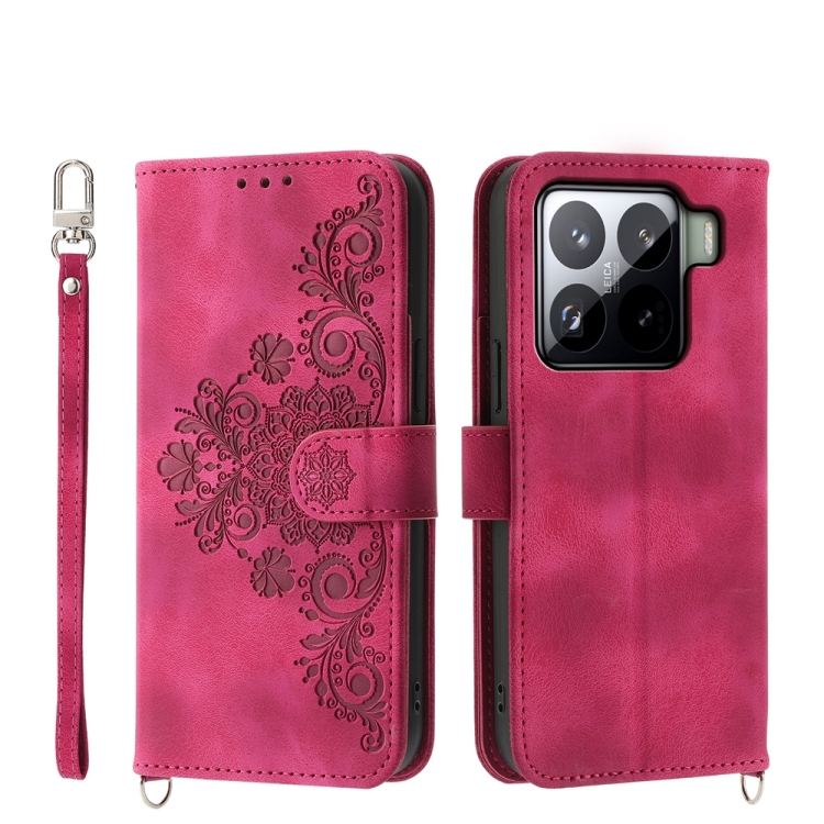 

For Xiaomi 15 Skin Feel Flowers Embossed Wallet Leather Phone Case(Wine Red)