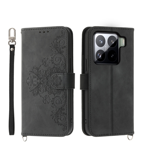 

For Xiaomi 15 Skin Feel Flowers Embossed Wallet Leather Phone Case(Black)