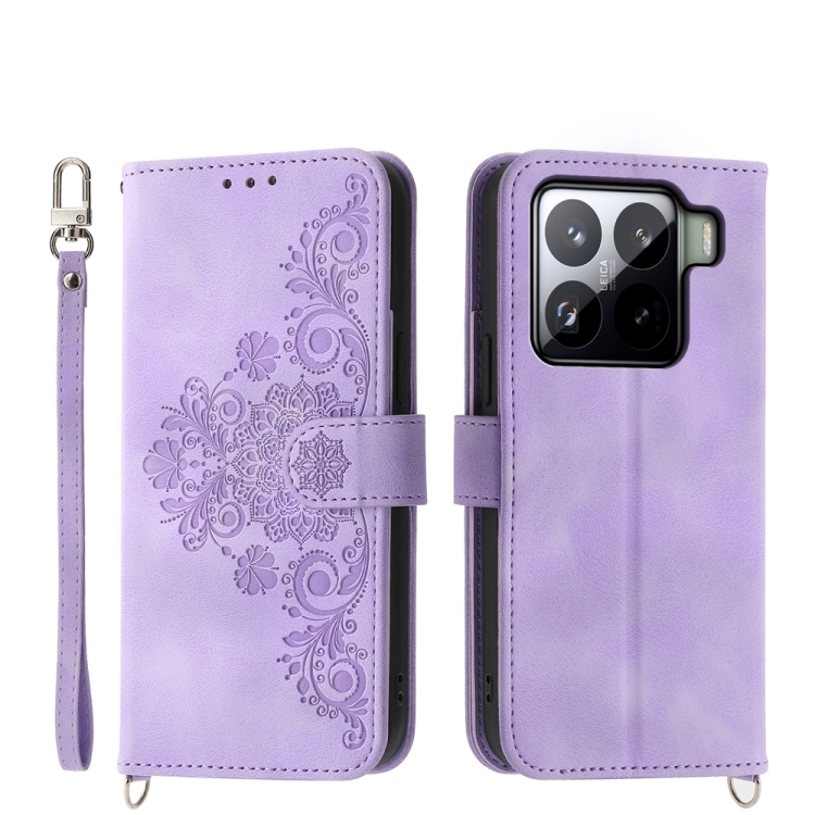 

For Xiaomi 15 Pro Skin Feel Flowers Embossed Wallet Leather Phone Case(Purple)