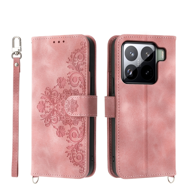 

For Xiaomi 15 Pro Skin Feel Flowers Embossed Wallet Leather Phone Case(Pink)