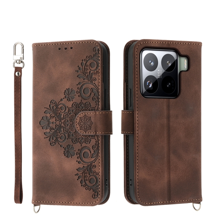 

For Xiaomi 15 Pro Skin Feel Flowers Embossed Wallet Leather Phone Case(Brown)
