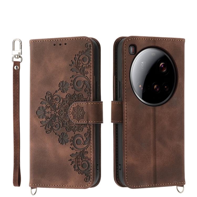 

For Xiaomi 15 Ultra Skin Feel Flowers Embossed Wallet Leather Phone Case(Brown)