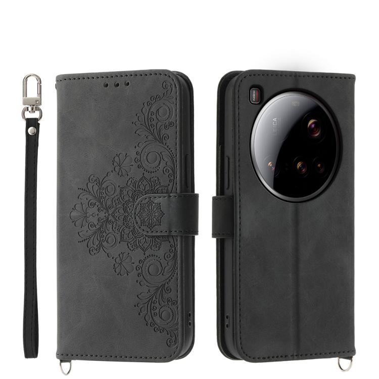 

For Xiaomi 15 Ultra Skin Feel Flowers Embossed Wallet Leather Phone Case(Black)