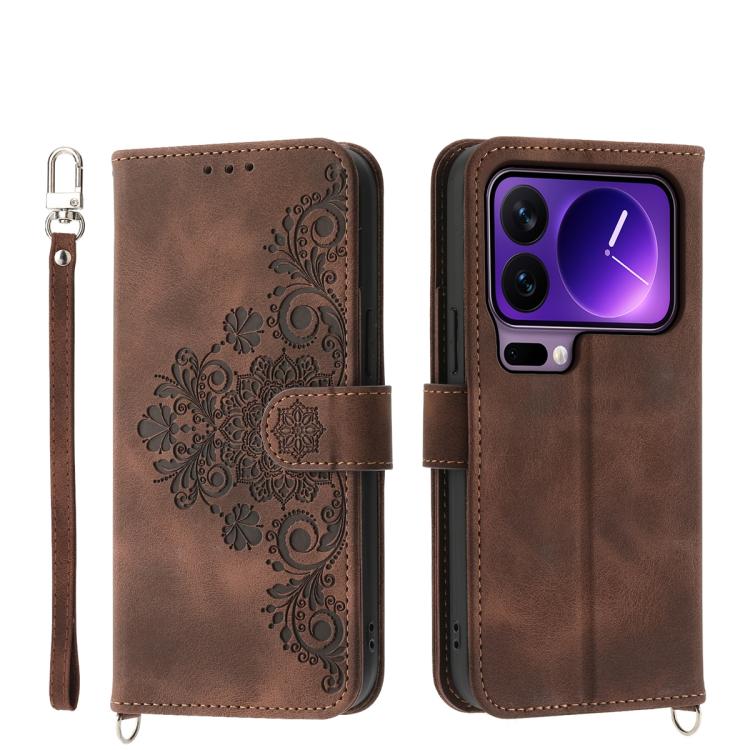 

For Xiaomi 17 Pro Skin Feel Flowers Embossed Wallet Leather Phone Case(Brown)