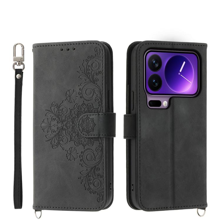 

For Xiaomi 17 Pro Skin Feel Flowers Embossed Wallet Leather Phone Case(Black)