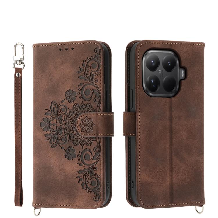 

For Xiaomi 15T Pro 5G Skin Feel Flowers Embossed Wallet Leather Phone Case(Brown)
