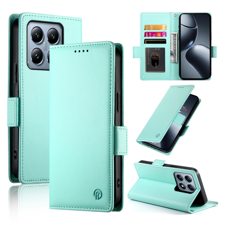 

For Xiaomi 14T Pro Side Buckle Magnetic Frosted Leather Phone Case(Mint Green)