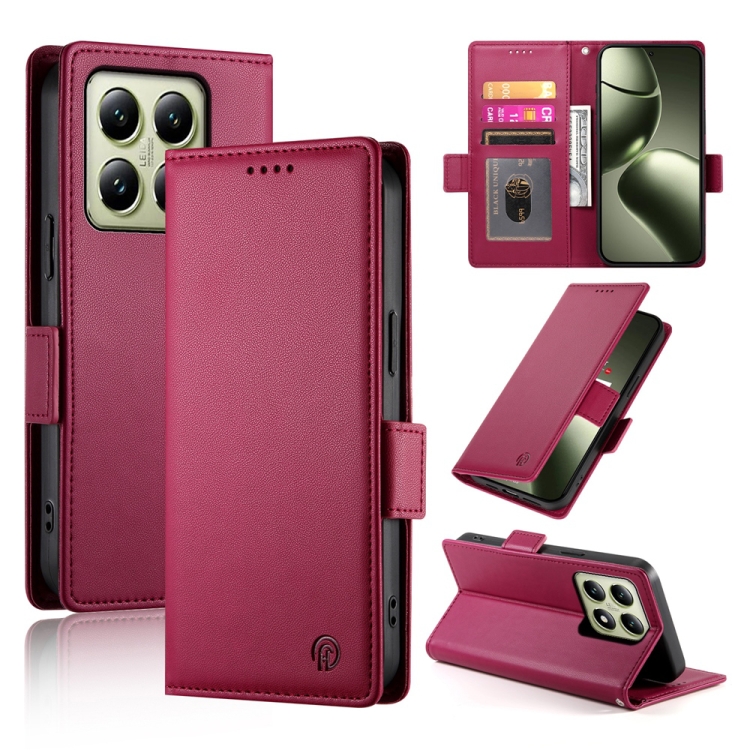 

For Xiaomi 14T Side Buckle Magnetic Frosted Leather Phone Case(Wine Red)